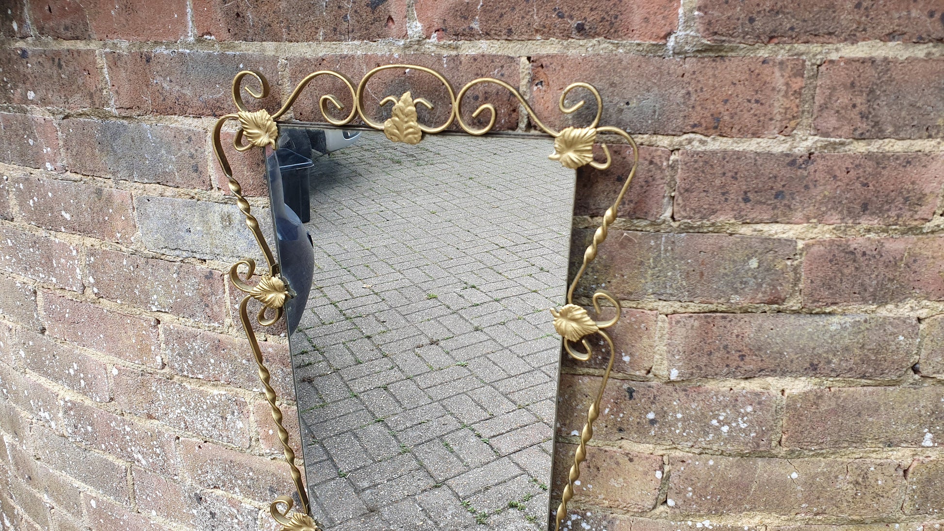 Vintage Retro Long Gold Gilt Metal Wall Mirror Kitsch Leaf Leaves Decoration