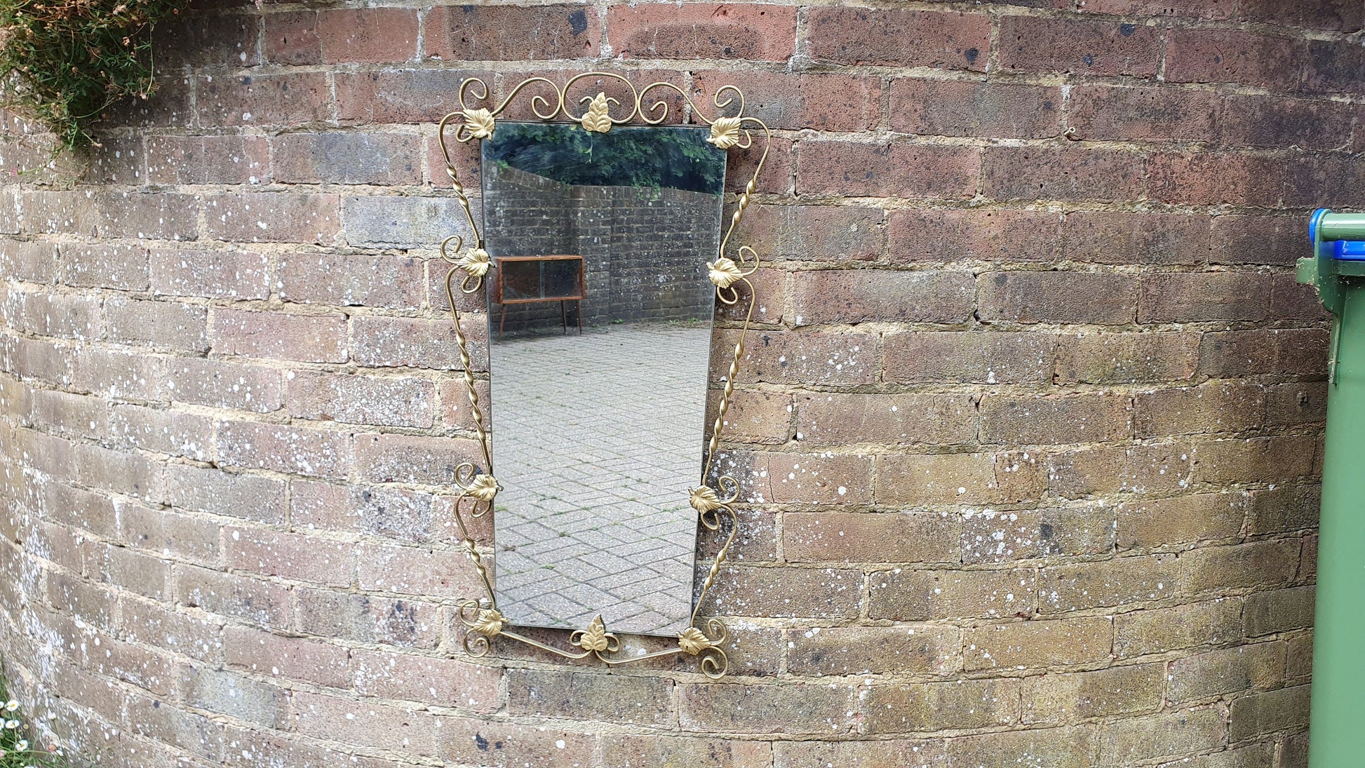 Vintage Retro Long Gold Gilt Metal Wall Mirror Kitsch Leaf Leaves Decoration