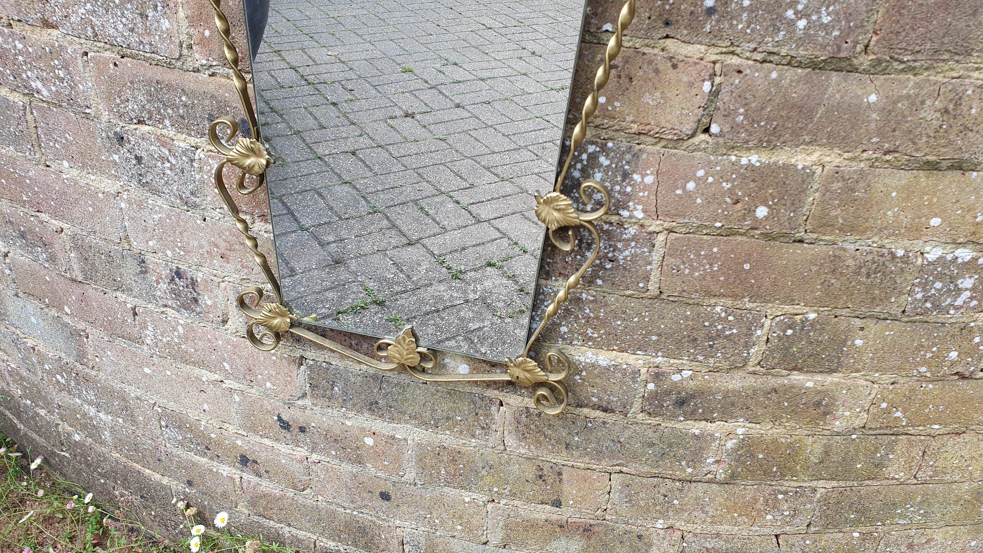 Vintage Retro Long Gold Gilt Metal Wall Mirror Kitsch Leaf Leaves Decoration