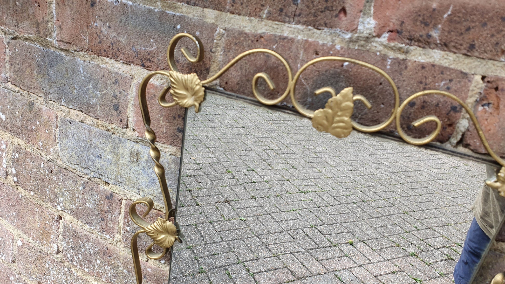 Vintage Retro Long Gold Gilt Metal Wall Mirror Kitsch Leaf Leaves Decoration