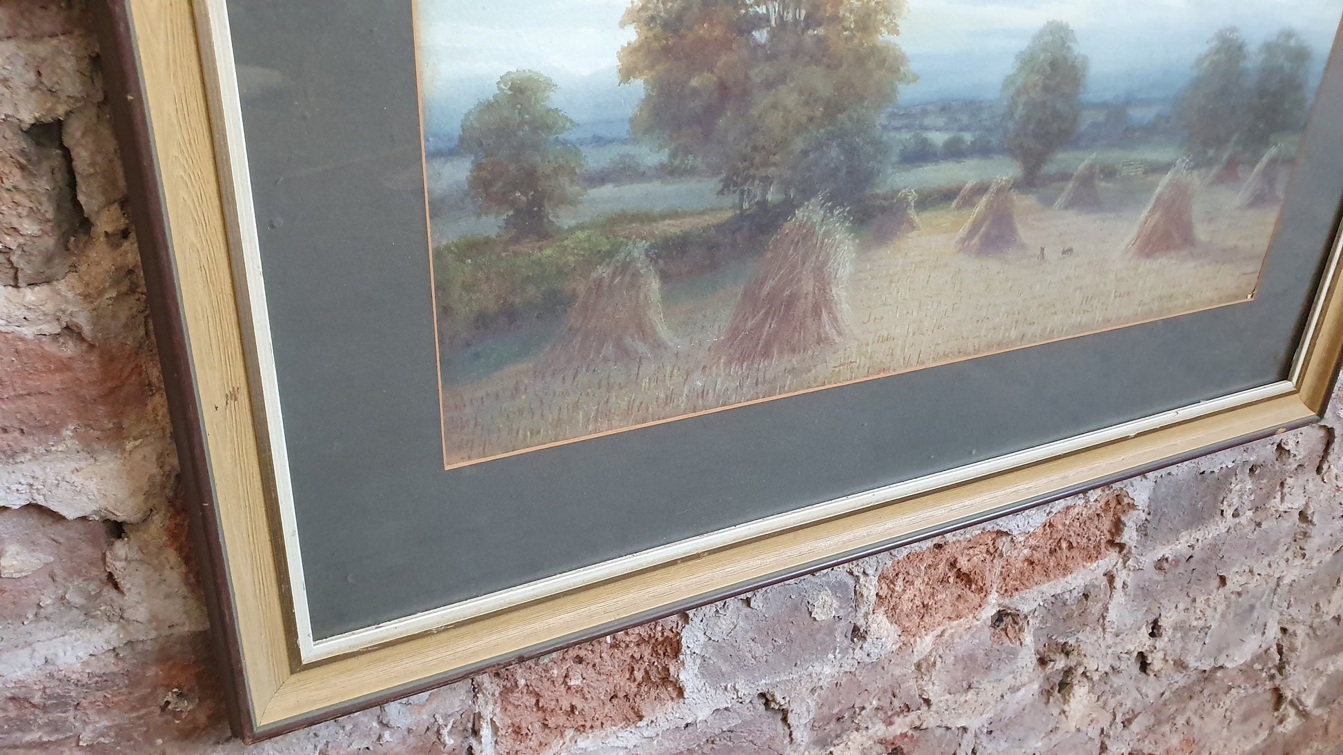Large Vintage Countryside Landscape Colour Art Print Hay Bales Summer 1924 Painting Wood Frame