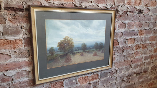 Large Vintage Countryside Landscape Colour Art Print Hay Bales Summer 1924 Painting Wood Frame