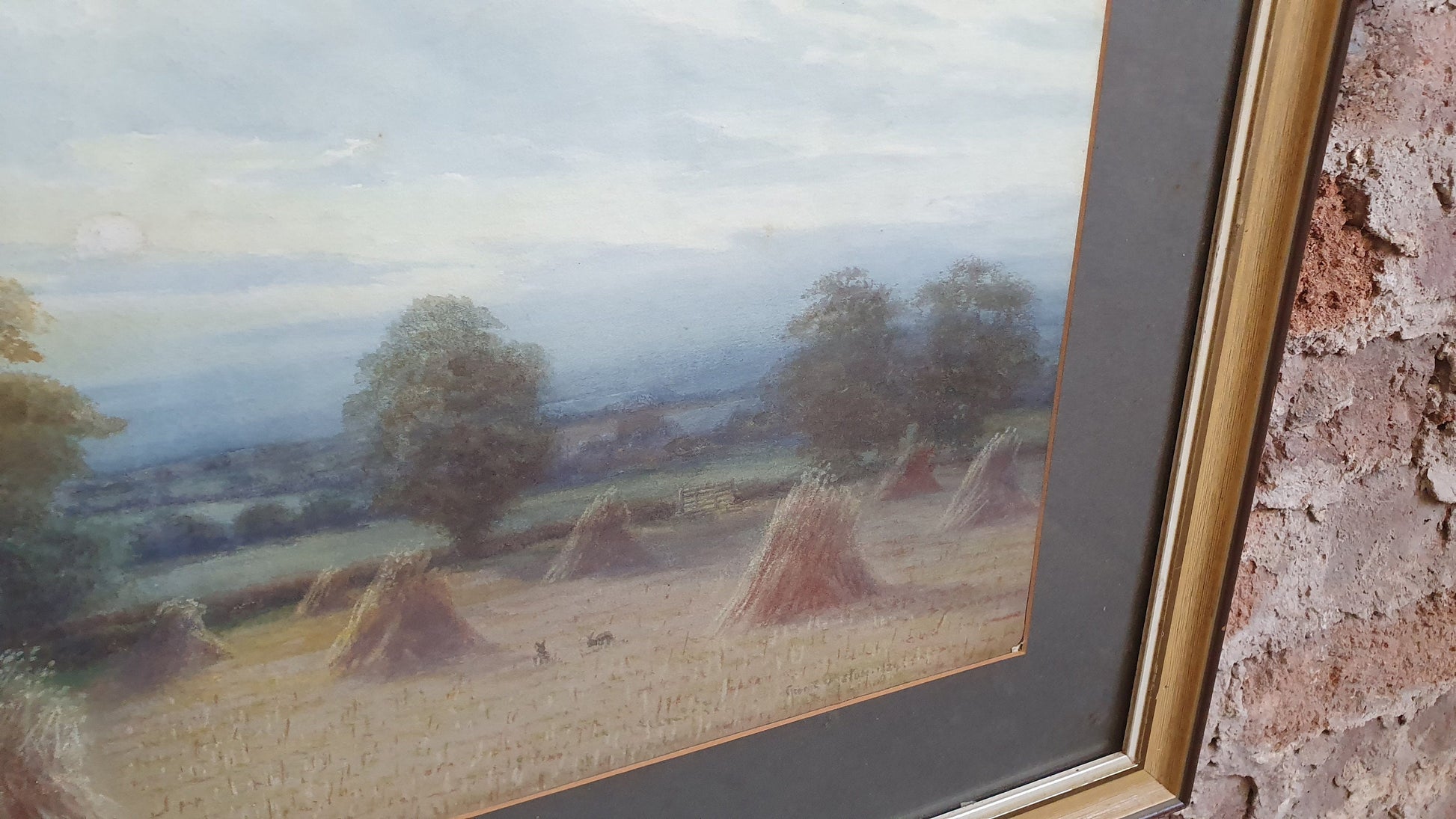 Large Vintage Countryside Landscape Colour Art Print Hay Bales Summer 1924 Painting Wood Frame