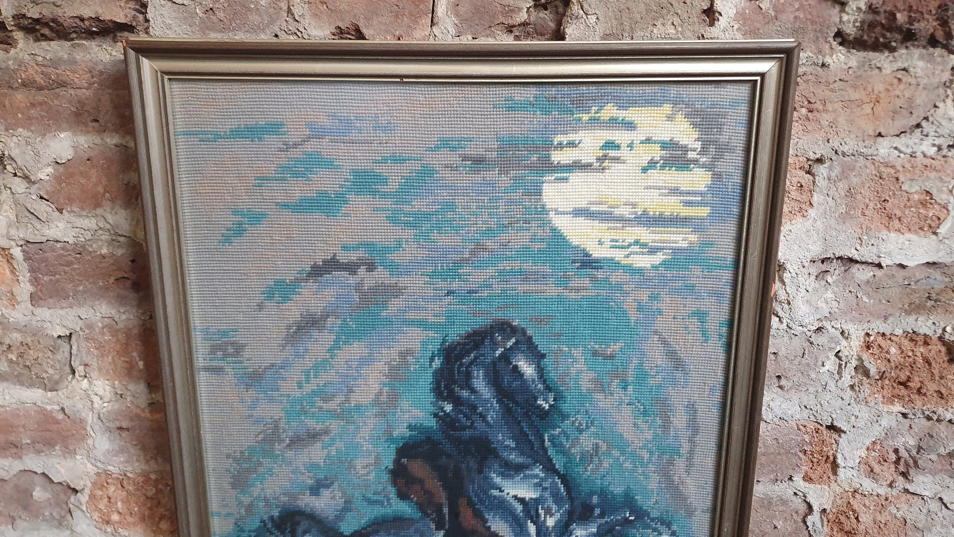 Wonderful Large Vintage Wild Horses in Moonlight Retro Tapestry Original Artwork Blue Turquoise Brown Grey Silver Frame
