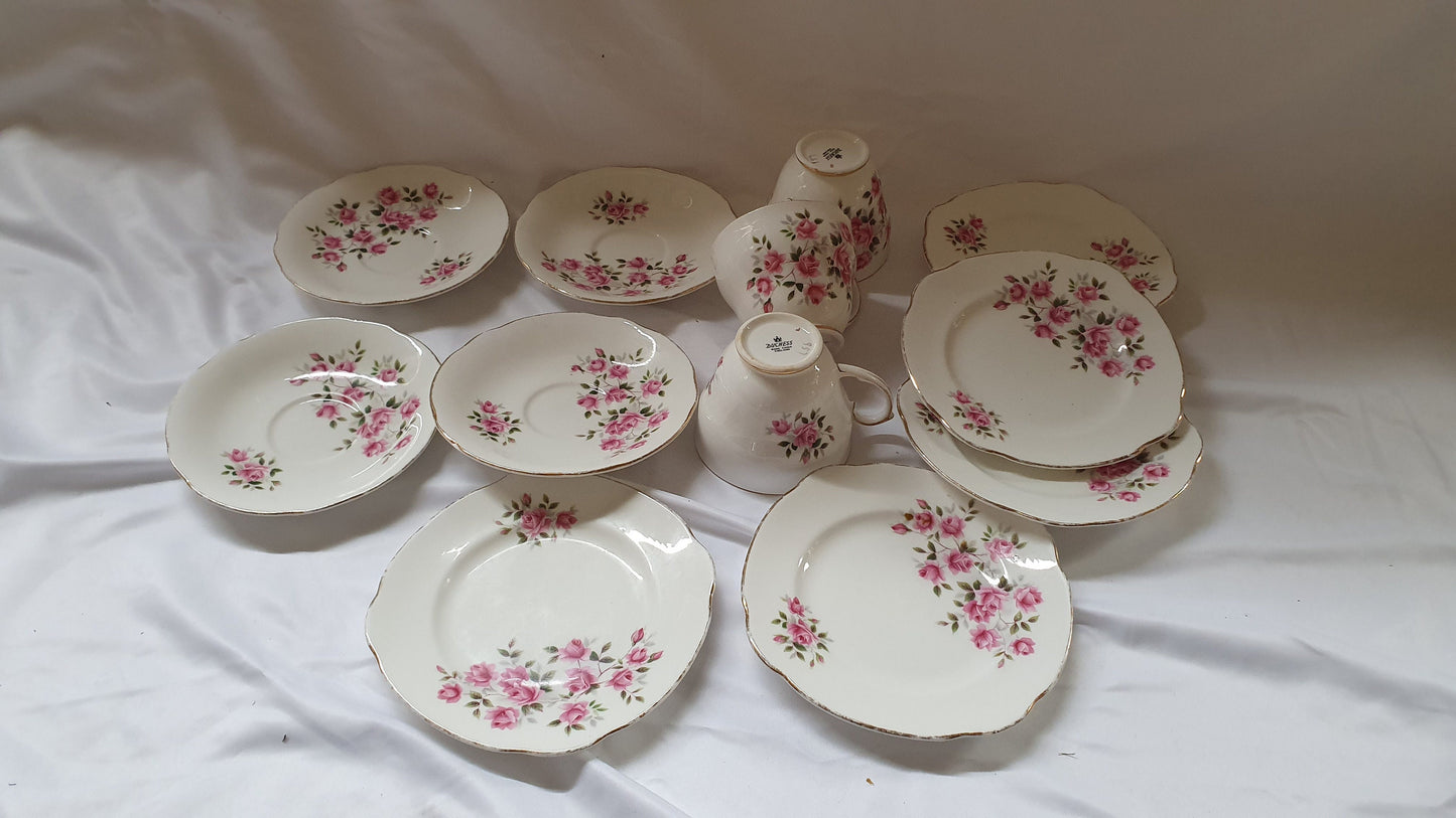Large Collection of Vintage Tea ware Tea Set Service Wedding China Hire White Gold Chintz Pink Flowers Blue and White