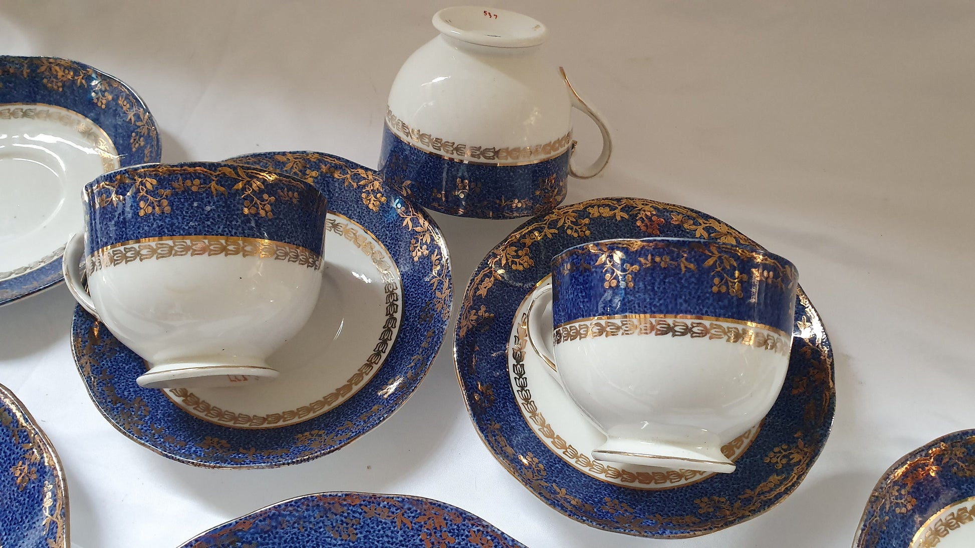 Large Collection of Vintage Tea ware Tea Set Service Wedding China Hire White Gold Chintz Pink Flowers Blue and White