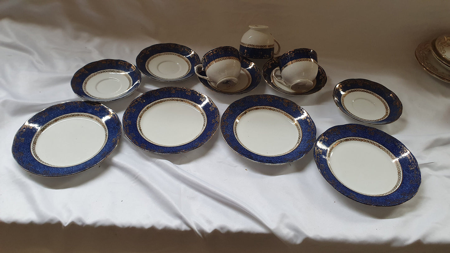 Large Collection of Vintage Tea ware Tea Set Service Wedding China Hire White Gold Chintz Pink Flowers Blue and White