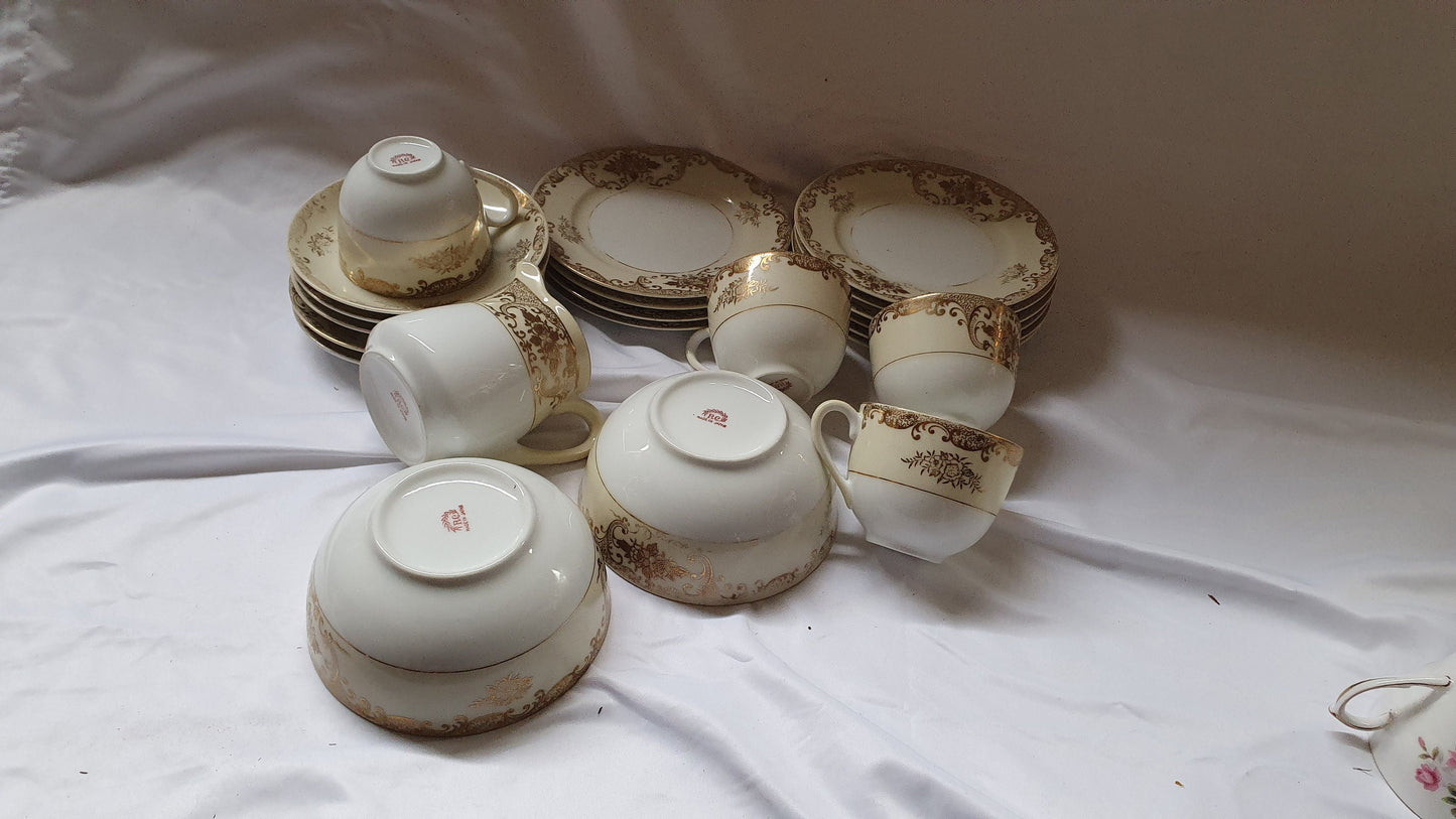 Large Collection of Vintage Tea ware Tea Set Service Wedding China Hire White Gold Chintz Pink Flowers Blue and White