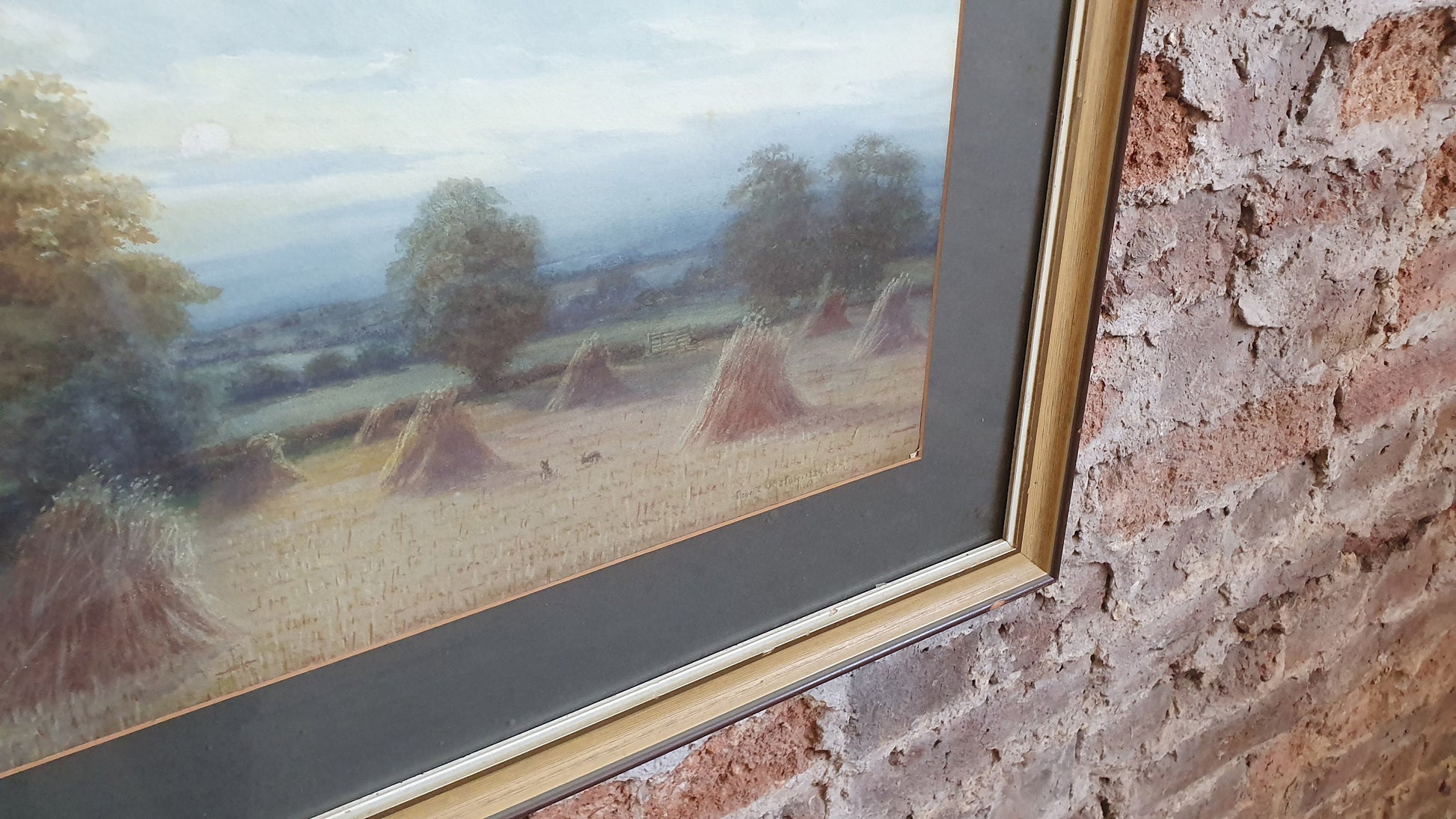 Large Vintage Countryside Landscape Colour Art Print Hay Bales Summer 1924 Painting Wood Frame