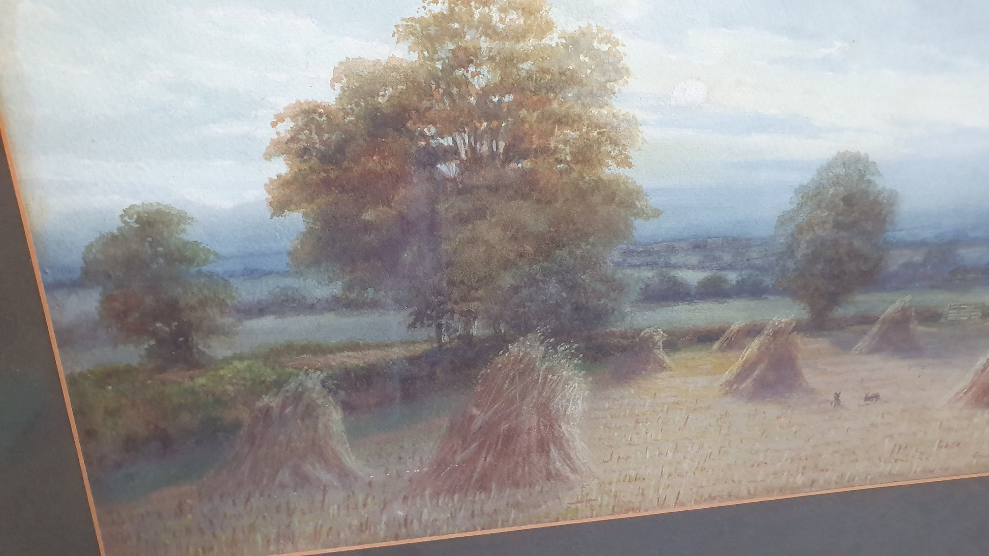 Large Vintage Countryside Landscape Colour Art Print Hay Bales Summer 1924 Painting Wood Frame