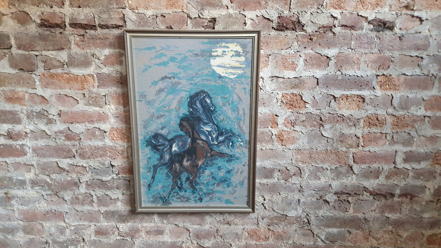 Wonderful Large Vintage Wild Horses in Moonlight Retro Tapestry Original Artwork Blue Turquoise Brown Grey Silver Frame