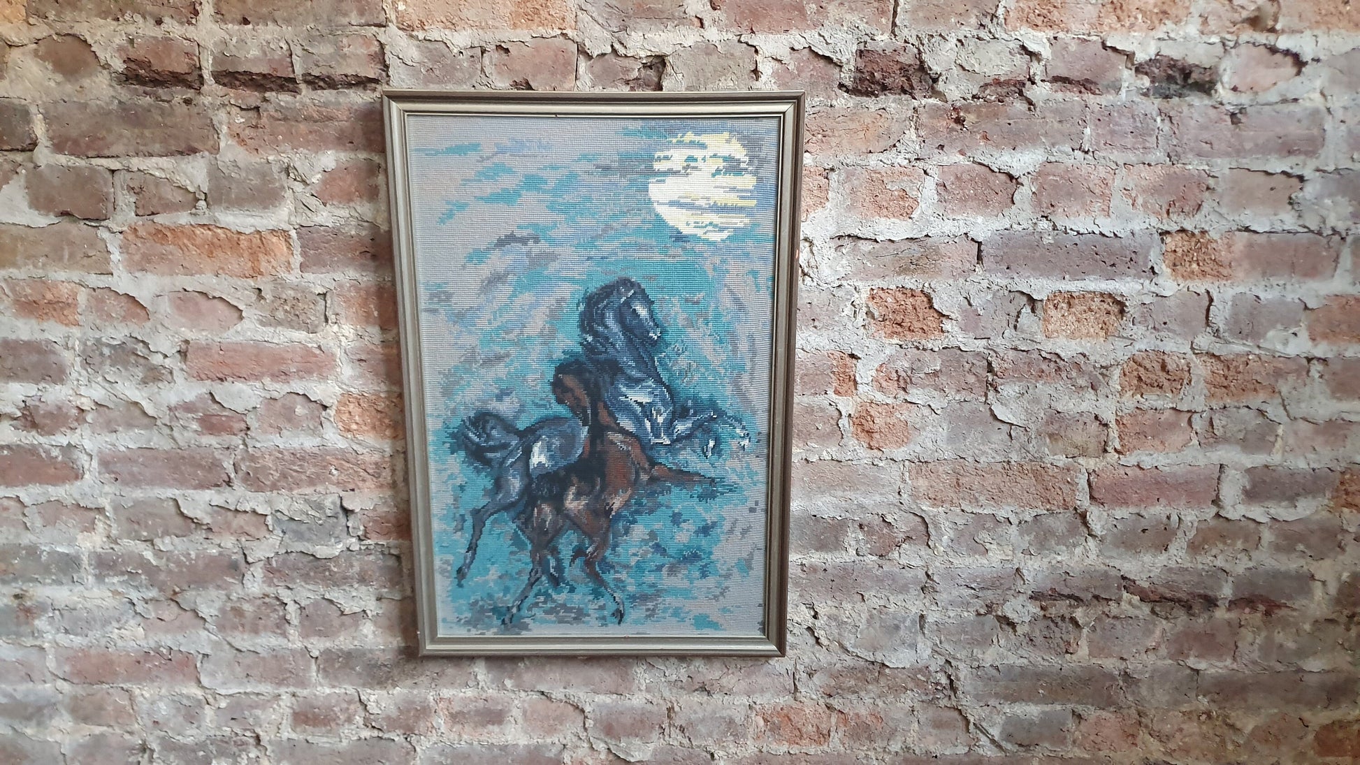 Wonderful Large Vintage Wild Horses in Moonlight Retro Tapestry Original Artwork Blue Turquoise Brown Grey Silver Frame