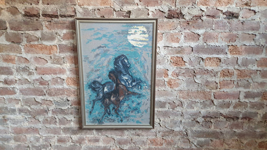 Wonderful Large Vintage Wild Horses in Moonlight Retro Tapestry Original Artwork Blue Turquoise Brown Grey Silver Frame
