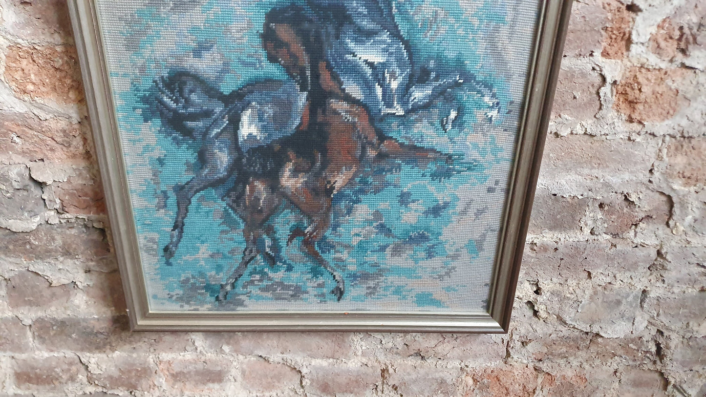 Wonderful Large Vintage Wild Horses in Moonlight Retro Tapestry Original Artwork Blue Turquoise Brown Grey Silver Frame