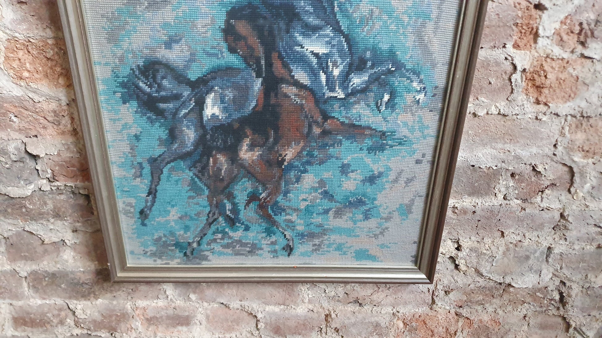 Wonderful Large Vintage Wild Horses in Moonlight Retro Tapestry Original Artwork Blue Turquoise Brown Grey Silver Frame