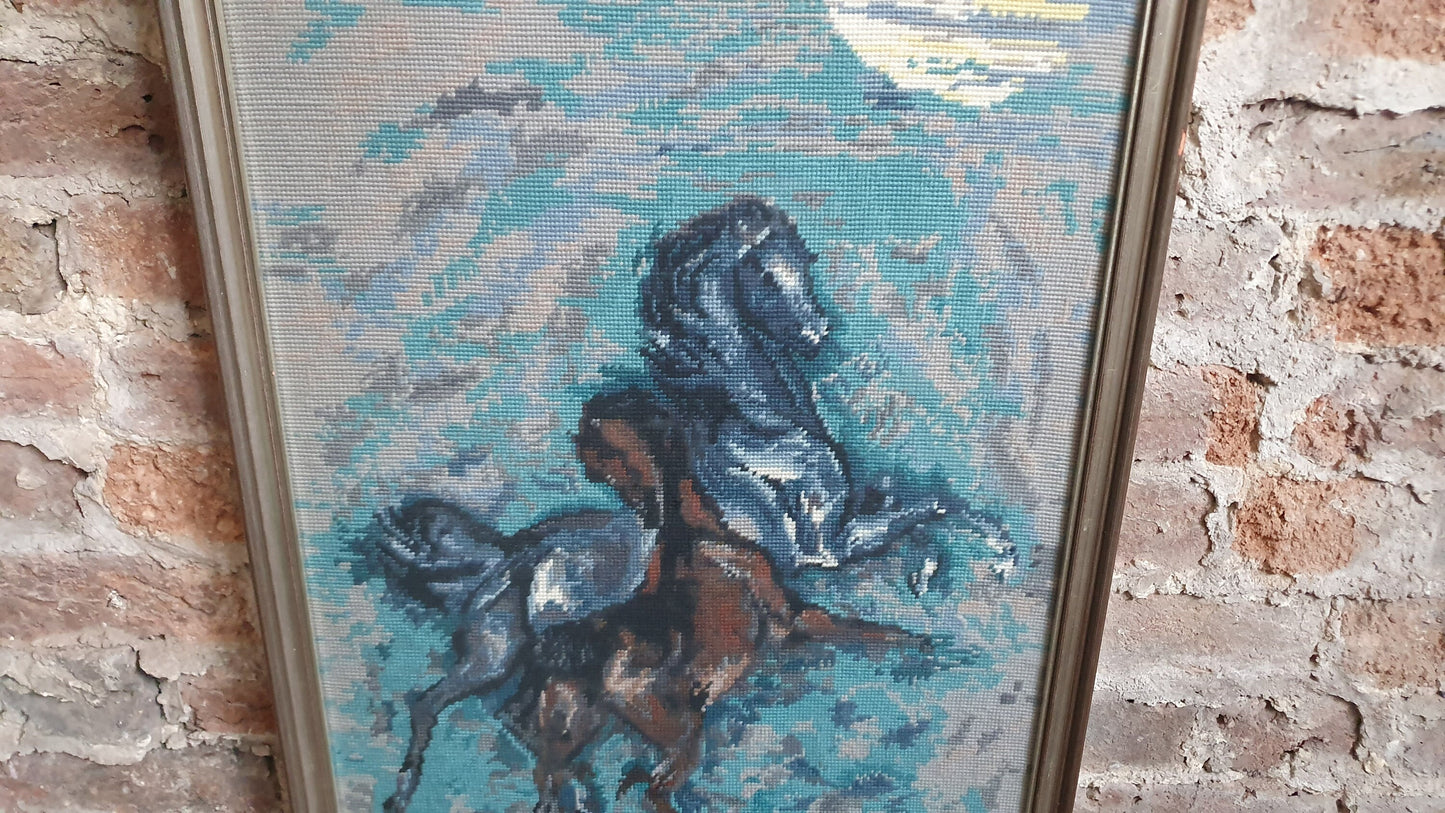 Wonderful Large Vintage Wild Horses in Moonlight Retro Tapestry Original Artwork Blue Turquoise Brown Grey Silver Frame
