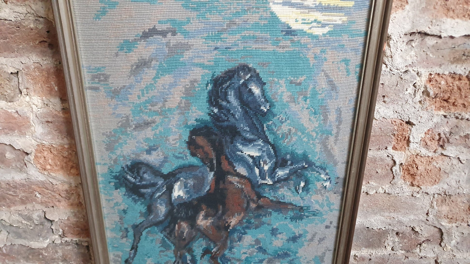 Wonderful Large Vintage Wild Horses in Moonlight Retro Tapestry Original Artwork Blue Turquoise Brown Grey Silver Frame