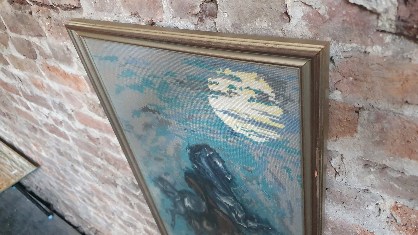 Wonderful Large Vintage Wild Horses in Moonlight Retro Tapestry Original Artwork Blue Turquoise Brown Grey Silver Frame
