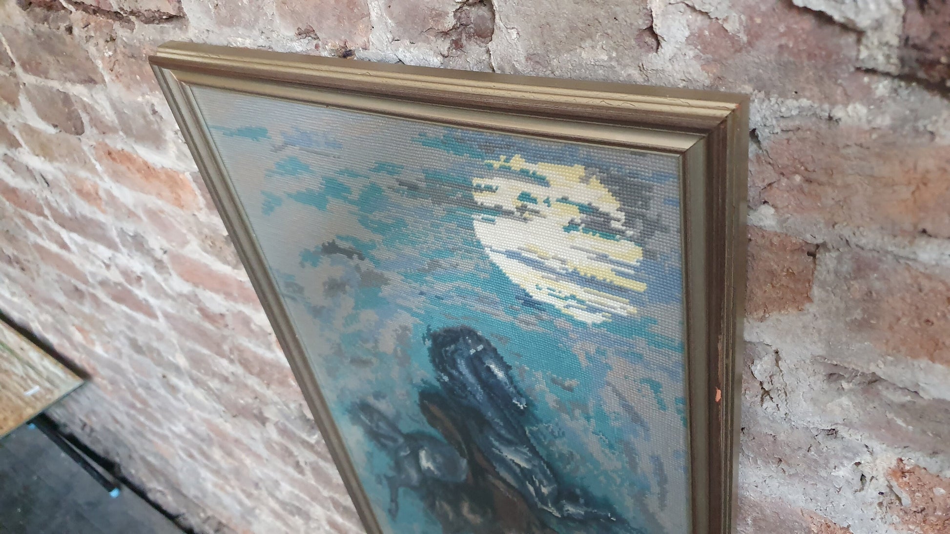 Wonderful Large Vintage Wild Horses in Moonlight Retro Tapestry Original Artwork Blue Turquoise Brown Grey Silver Frame