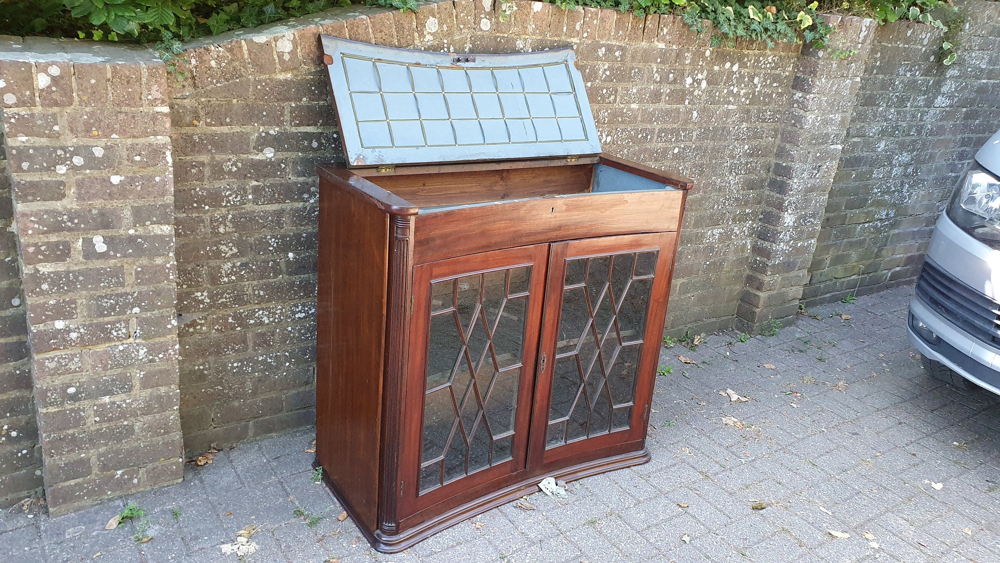 Rare Vintage Victorian Glazed Glass Cupboard With Box Compartment to Top Entryway Furniture.