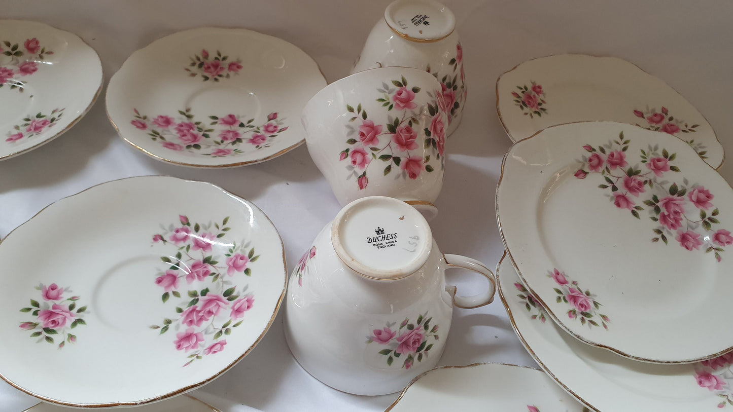 Large Collection of Vintage Tea ware Tea Set Service Wedding China Hire White Gold Chintz Pink Flowers Blue and White