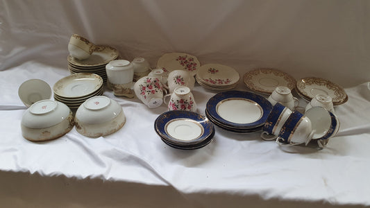 Large Collection of Vintage Tea ware Tea Set Service Wedding China Hire White Gold Chintz Pink Flowers Blue and White
