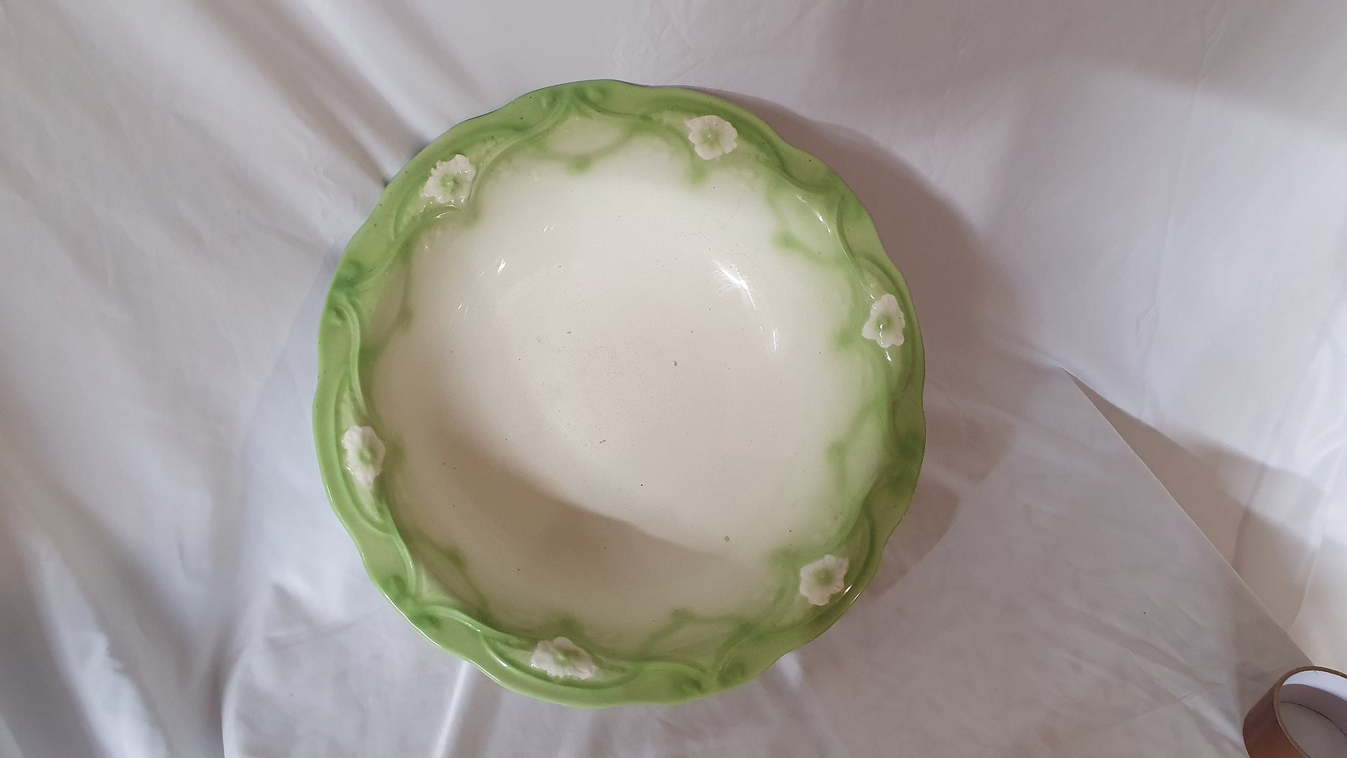 A Huge Vintage Floral Wash Bowl Jug and Bowl Planter Green and White Basin