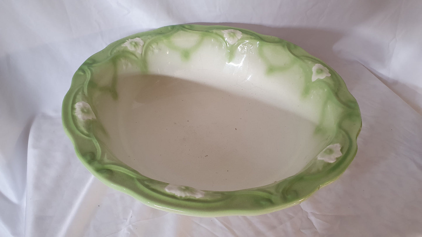 A Huge Vintage Floral Wash Bowl Jug and Bowl Planter Green and White Basin