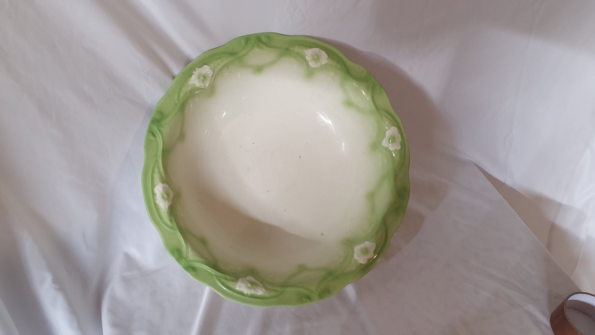 A Huge Vintage Floral Wash Bowl Jug and Bowl Planter Green and White Basin