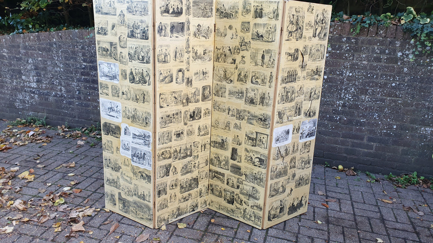 Amazing Vintage 4 Fold Screen Decoupage if Punch Cartoons Vanity Screen