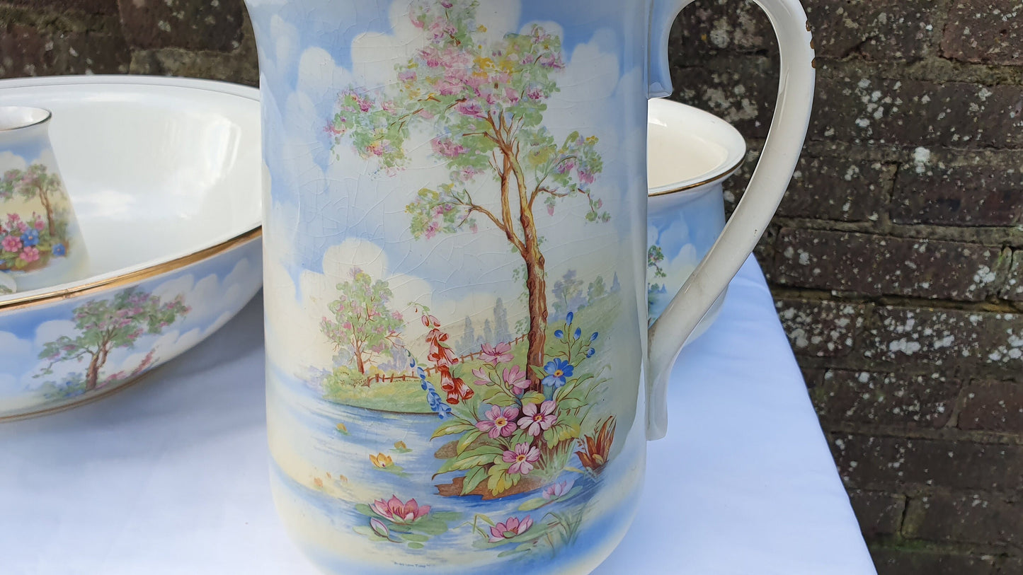 Complete Fantastic Vintage Jug and Bowl Set ‘Falcon Ware’ ’Blossom Time’ With Chamber Pot Toothbrush Holder Soap Dish