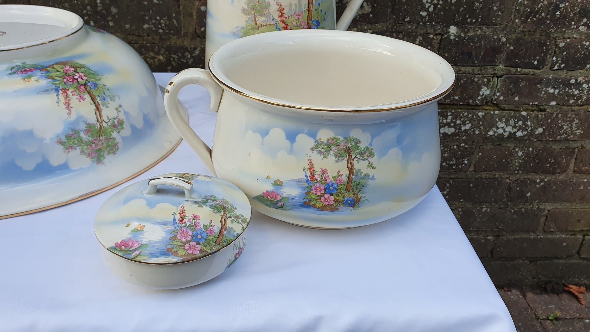 Complete Fantastic Vintage Jug and Bowl Set ‘Falcon Ware’ ’Blossom Time’ With Chamber Pot Toothbrush Holder Soap Dish