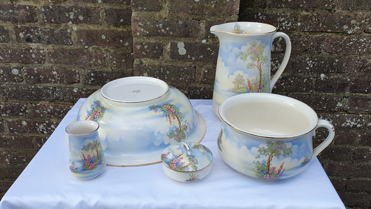 Complete Fantastic Vintage Jug and Bowl Set ‘Falcon Ware’ ’Blossom Time’ With Chamber Pot Toothbrush Holder Soap Dish