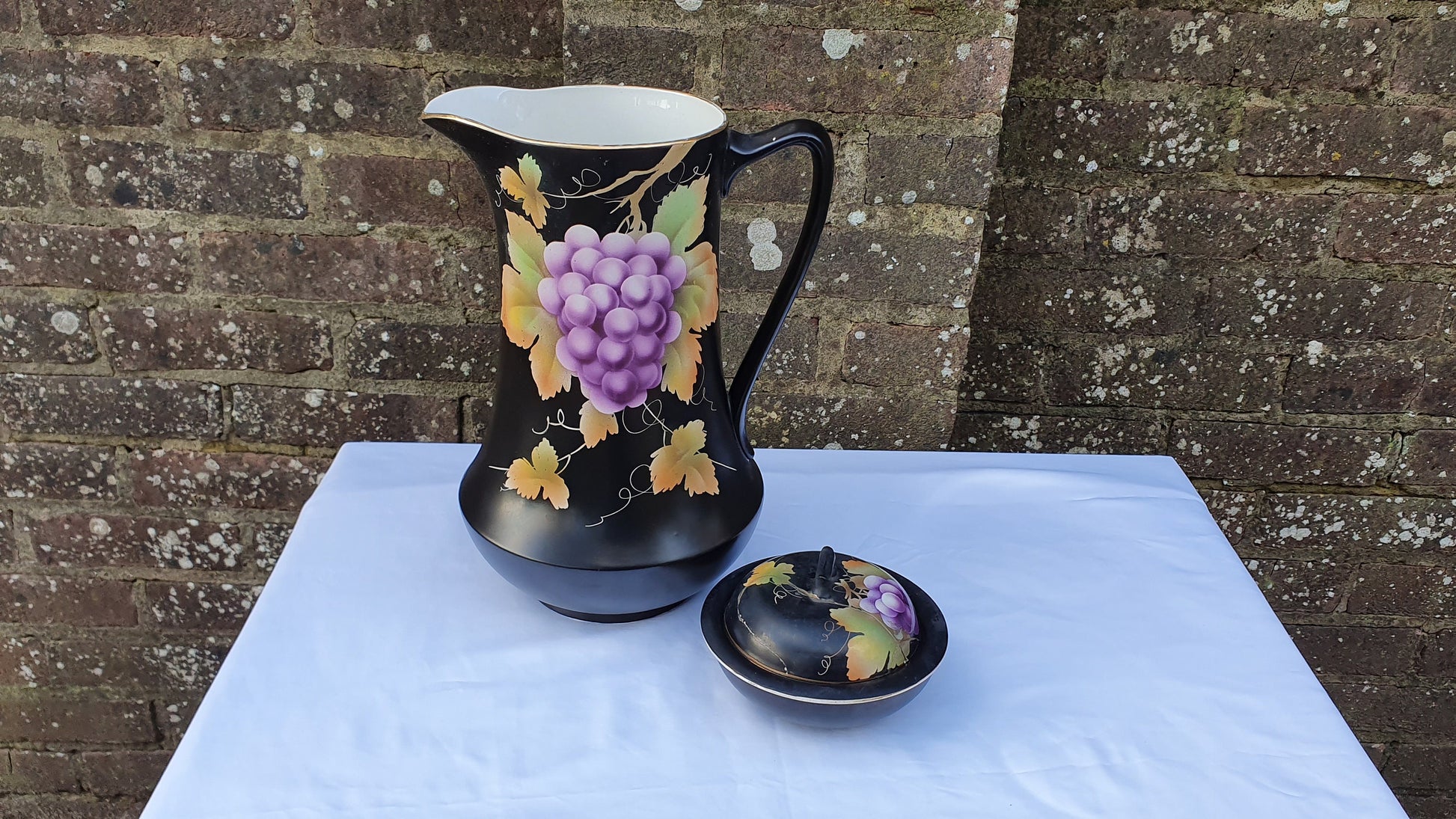 Huge Ceramic Ewer Jug From Jug and Basin Set Grape Design Black. Late Victorian