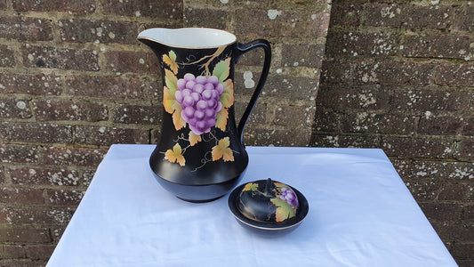 Huge Ceramic Ewer Jug From Jug and Basin Set Grape Design Black. Late Victorian