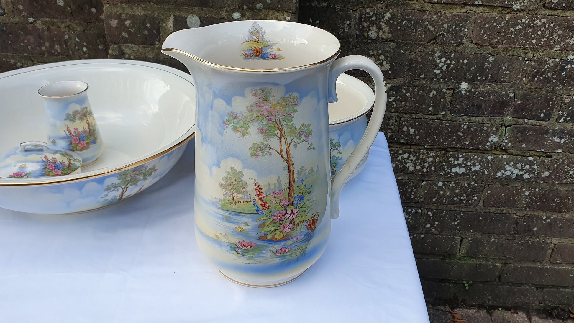 Complete Fantastic Vintage Jug and Bowl Set ‘Falcon Ware’ ’Blossom Time’ With Chamber Pot Toothbrush Holder Soap Dish