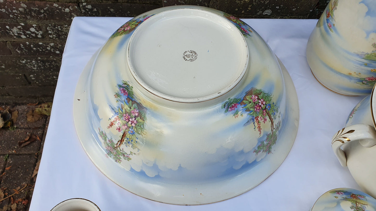 Complete Fantastic Vintage Jug and Bowl Set ‘Falcon Ware’ ’Blossom Time’ With Chamber Pot Toothbrush Holder Soap Dish