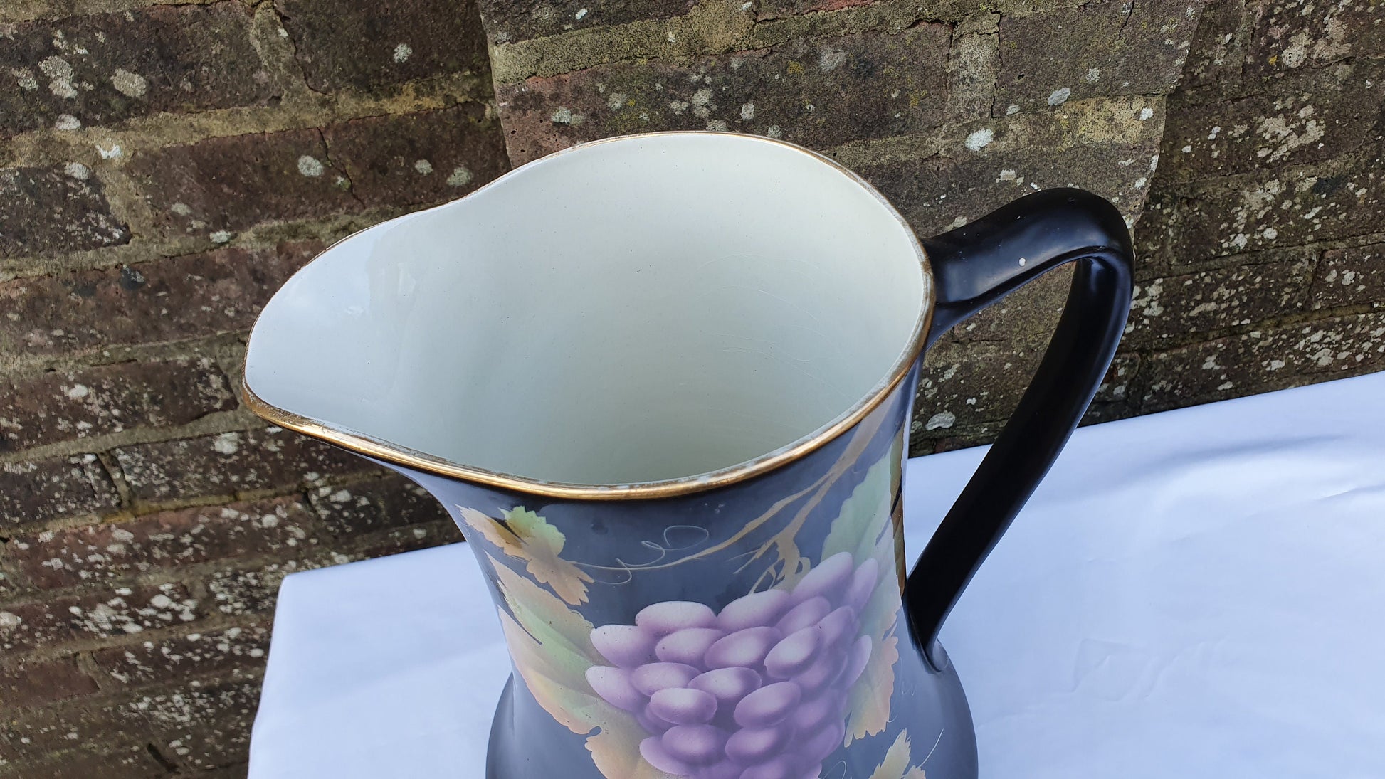 Huge Ceramic Ewer Jug From Jug and Basin Set Grape Design Black. Late Victorian