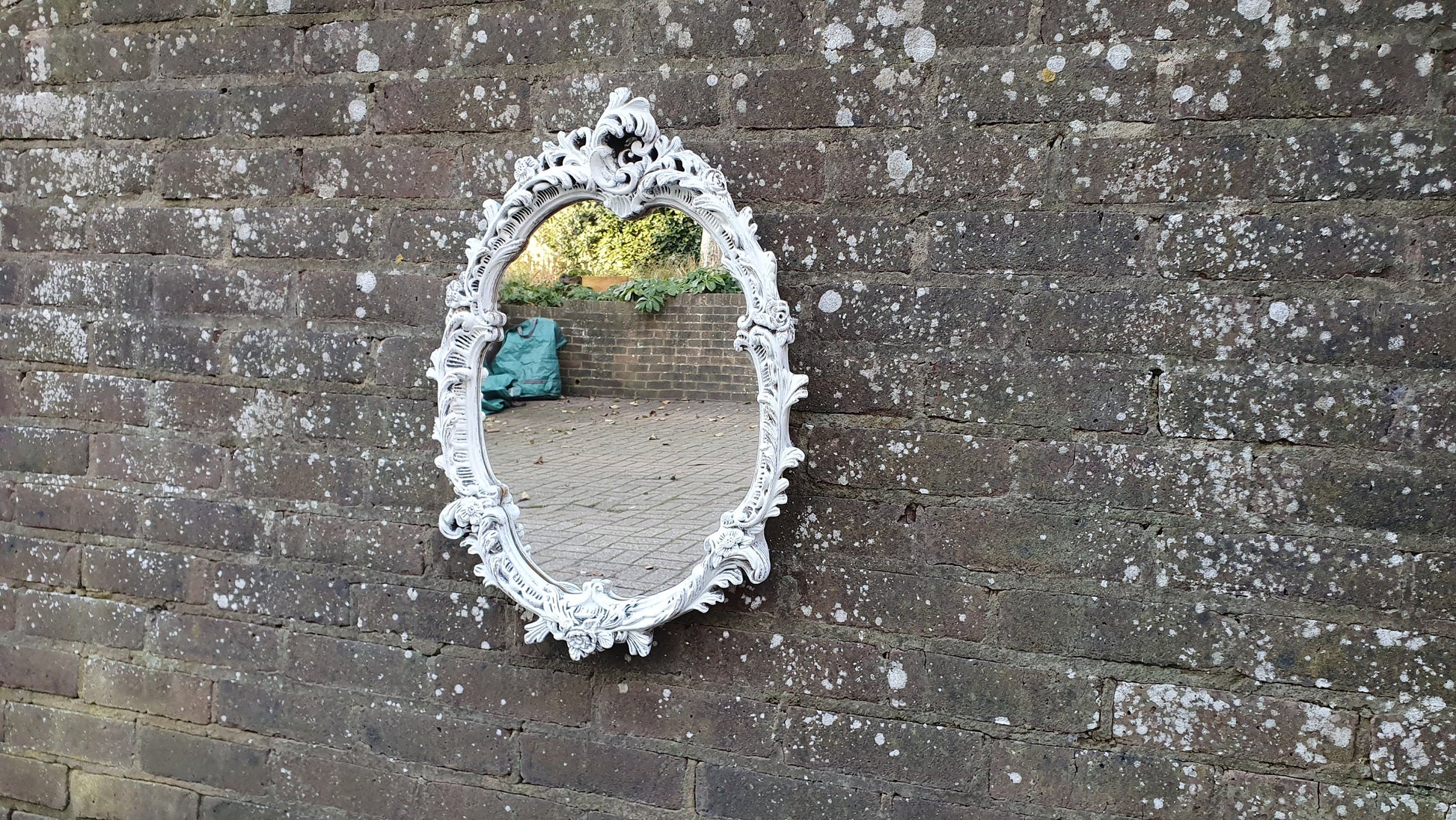 Vintage Painted Wall Mirror in Farrow and Ball Wimborne White. Flower Decoration.