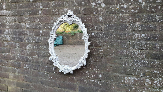 Vintage Painted Wall Mirror in Farrow and Ball Wimborne White. Flower Decoration.