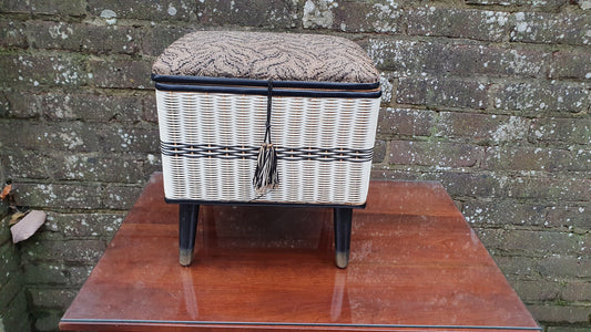 Vintage Retro Black and White Loom Needlework Basket With Atomic Legs