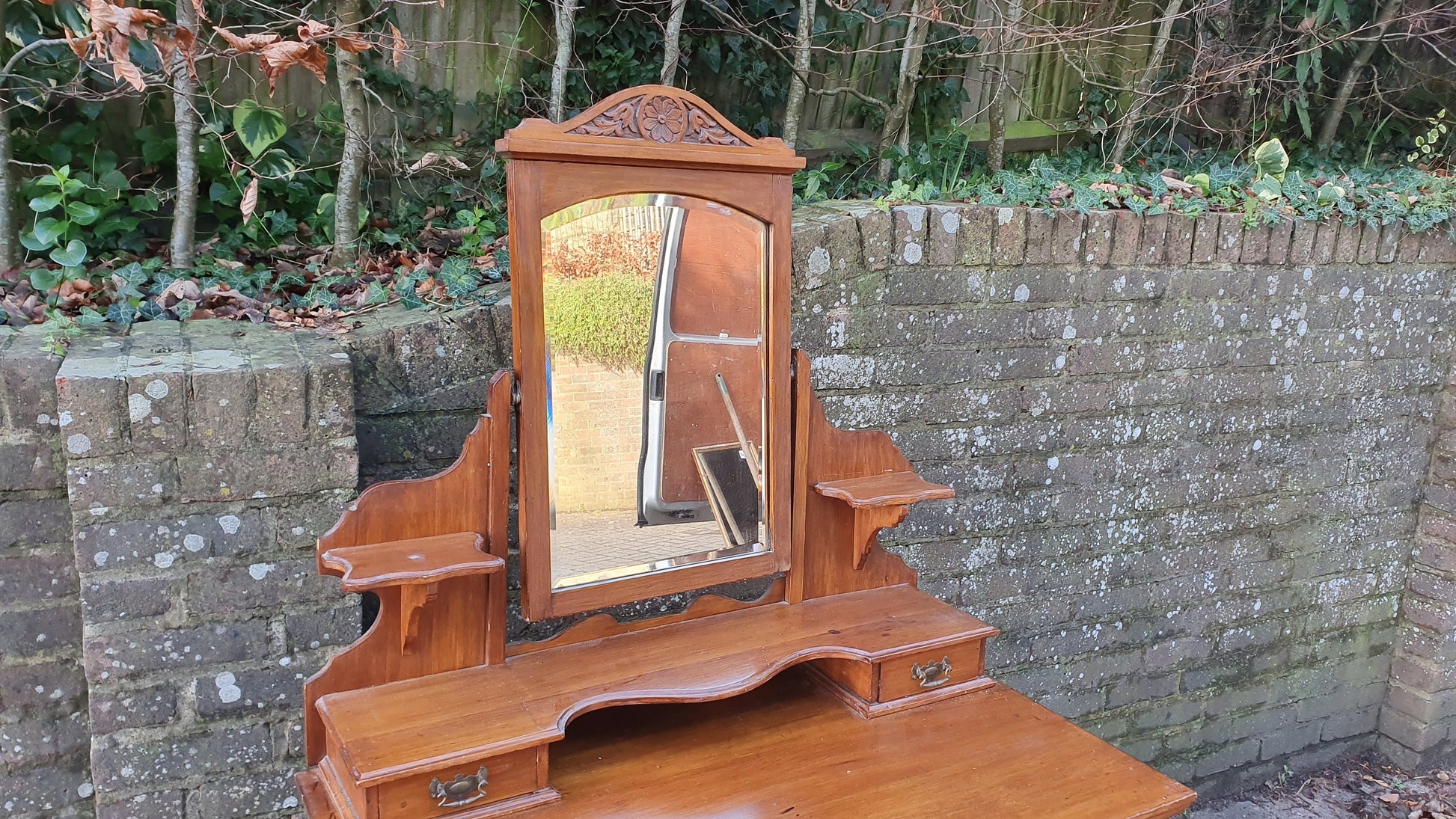 Vintage Edwardian Grand Dressing Table Satin Wood Walnut Drawers Mirror