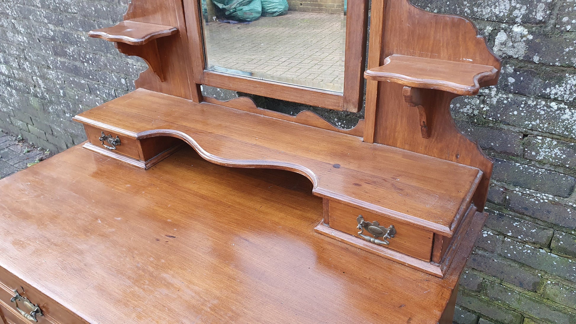 Vintage Edwardian Grand Dressing Table Satin Wood Walnut Drawers Mirror