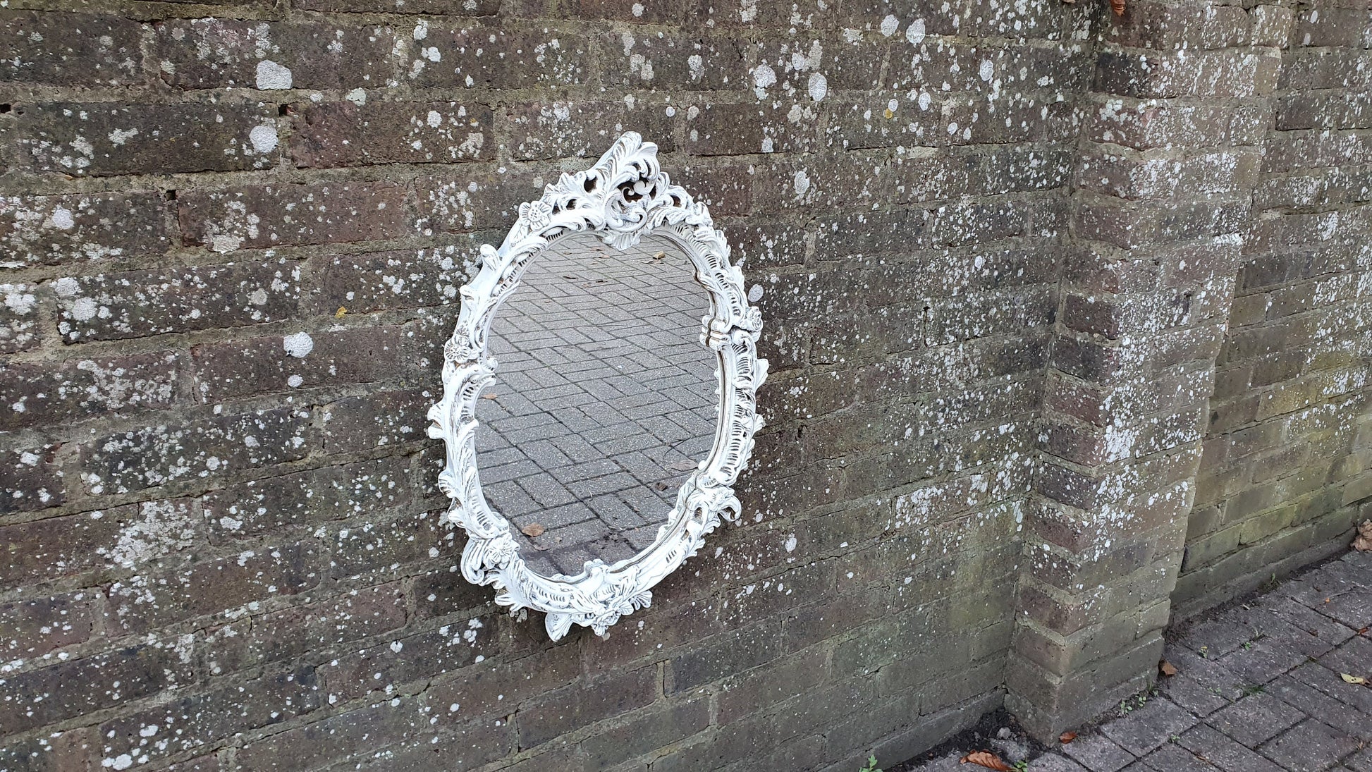 Vintage Painted Wall Mirror in Farrow and Ball Wimborne White. Flower Decoration.