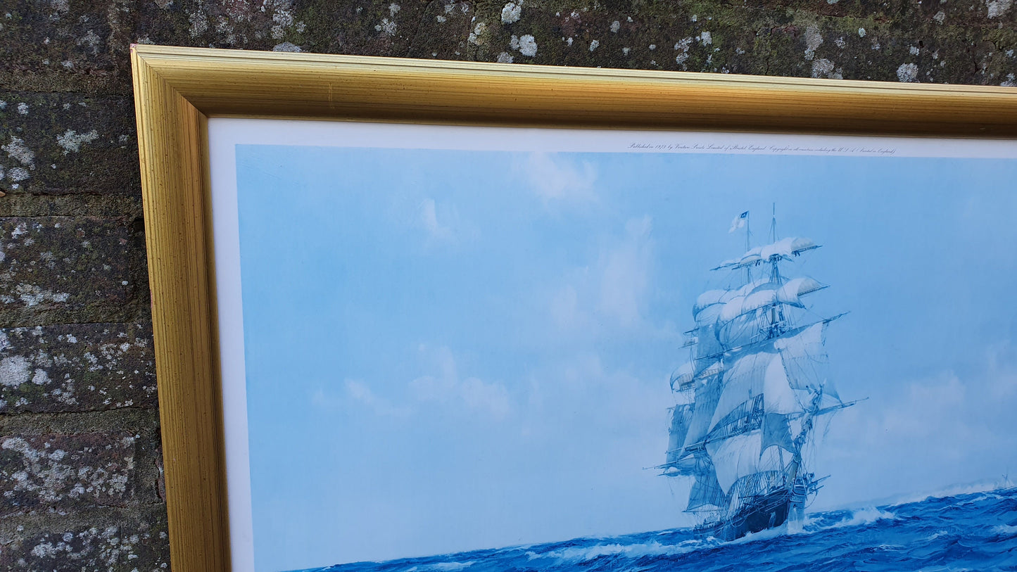 Large Vintage Print of Ship Up Channel, The Lahloo Print by Montague Dawson c1973.