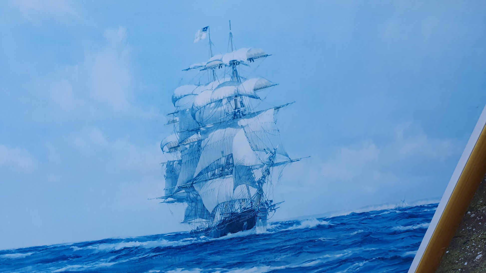 Large Vintage Print of Ship Up Channel, The Lahloo Print by Montague Dawson c1973.