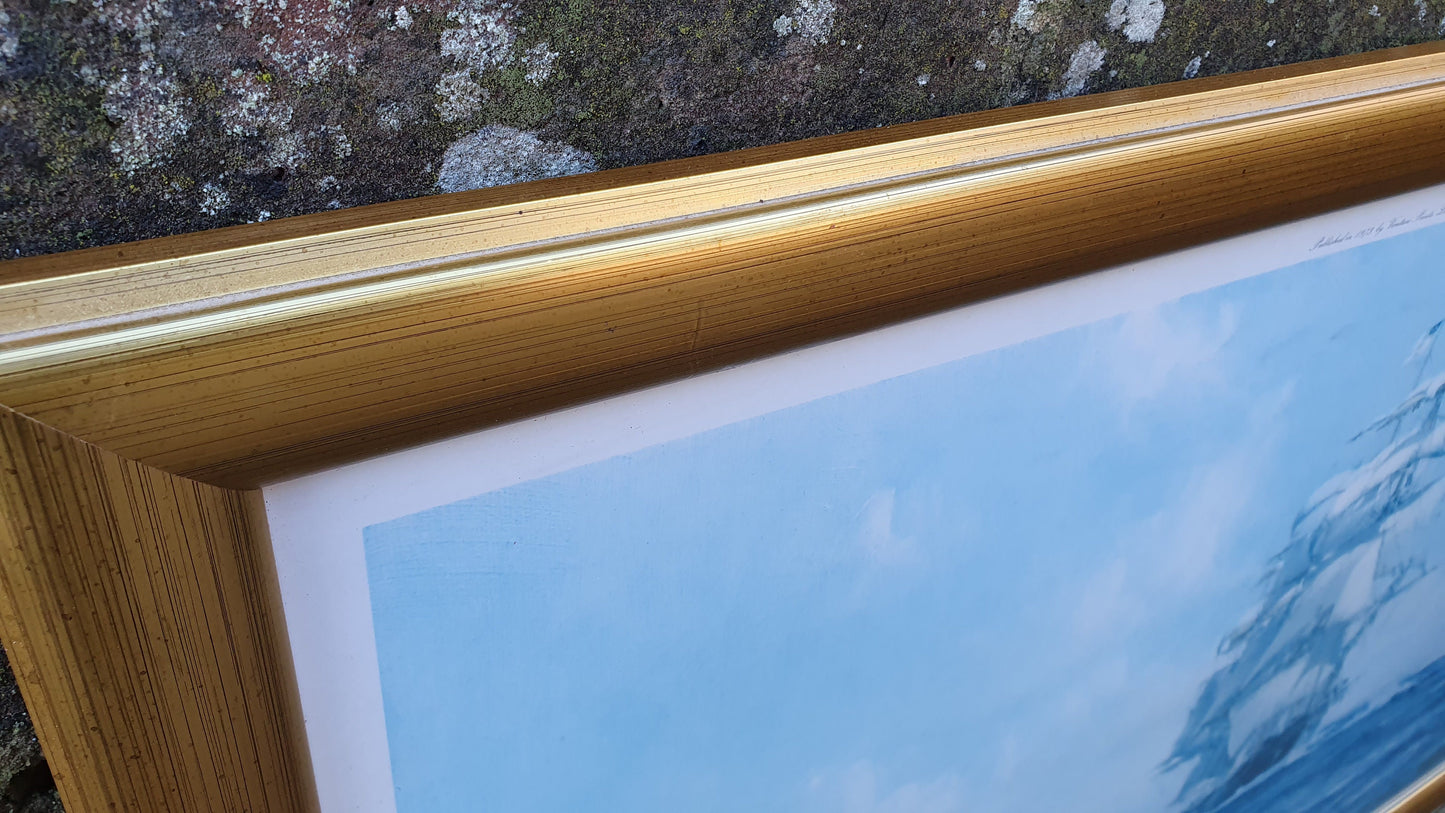 Large Vintage Print of Ship Up Channel, The Lahloo Print by Montague Dawson c1973.