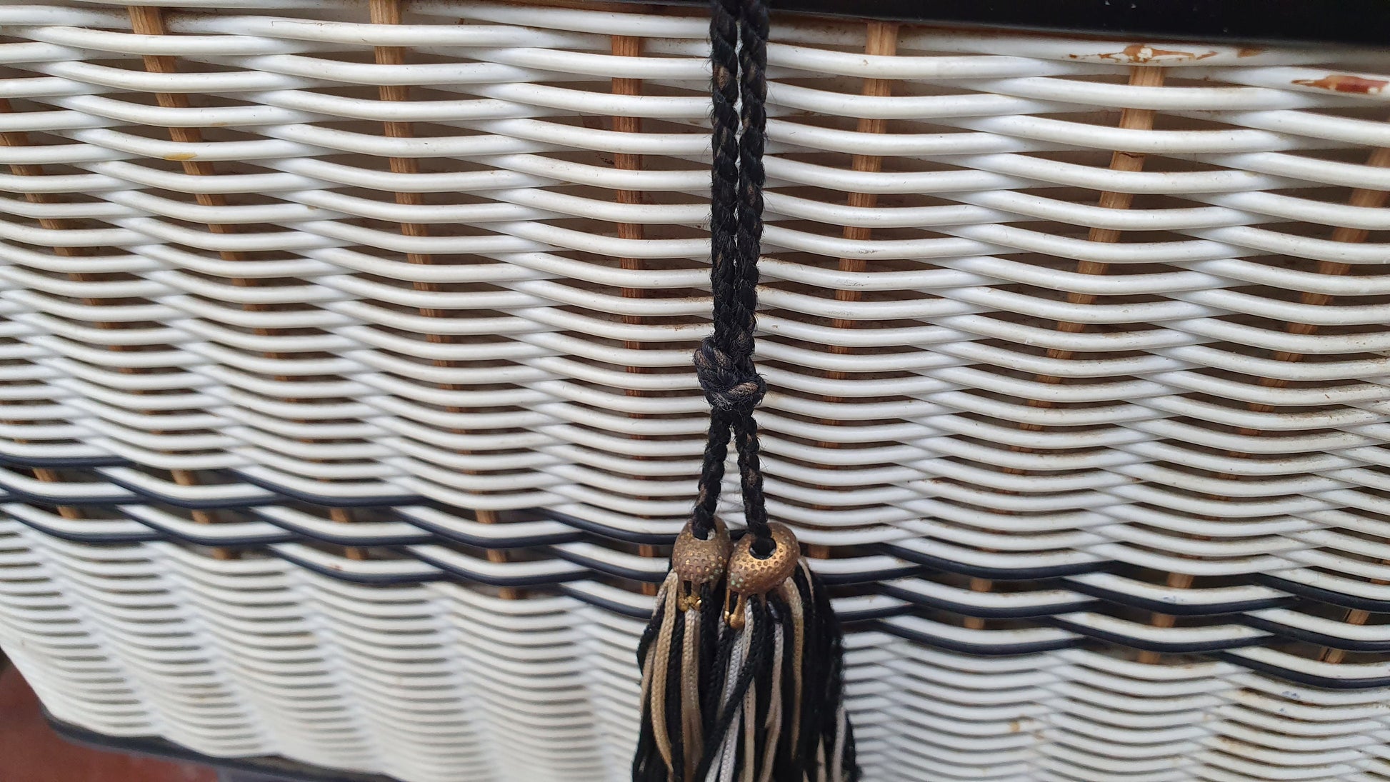 Vintage Retro Black and White Loom Needlework Basket With Atomic Legs