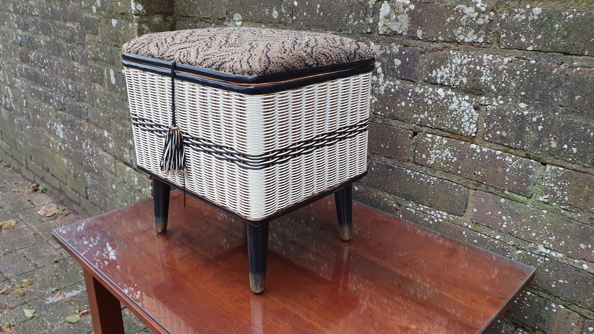 Vintage Retro Black and White Loom Needlework Basket With Atomic Legs