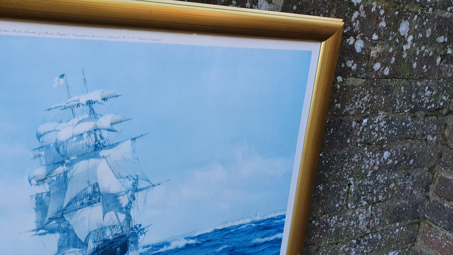 Large Vintage Print of Ship Up Channel, The Lahloo Print by Montague Dawson c1973.